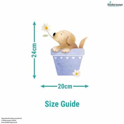 Size guide for dog in flowerpot window sticker measuring approx. 20cm wide by 24cm tall.