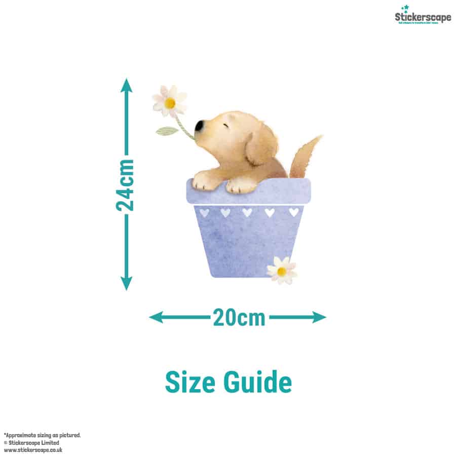 Size guide for dog in flowerpot window sticker measuring approx. 20cm wide by 24cm tall.
