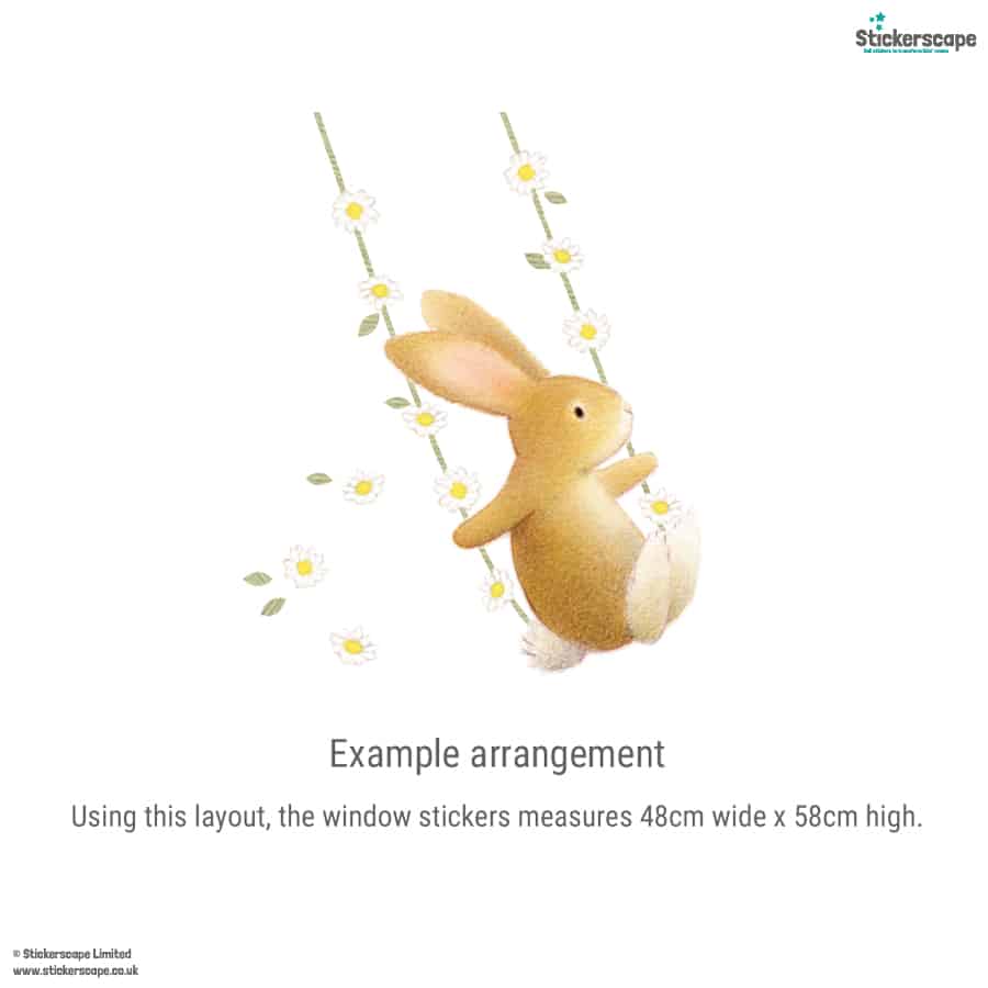 Example layout of bunny on swing window sticker showing rabbit on floral ropes, surrounded by daisies – approx. 48cm x 58cm.