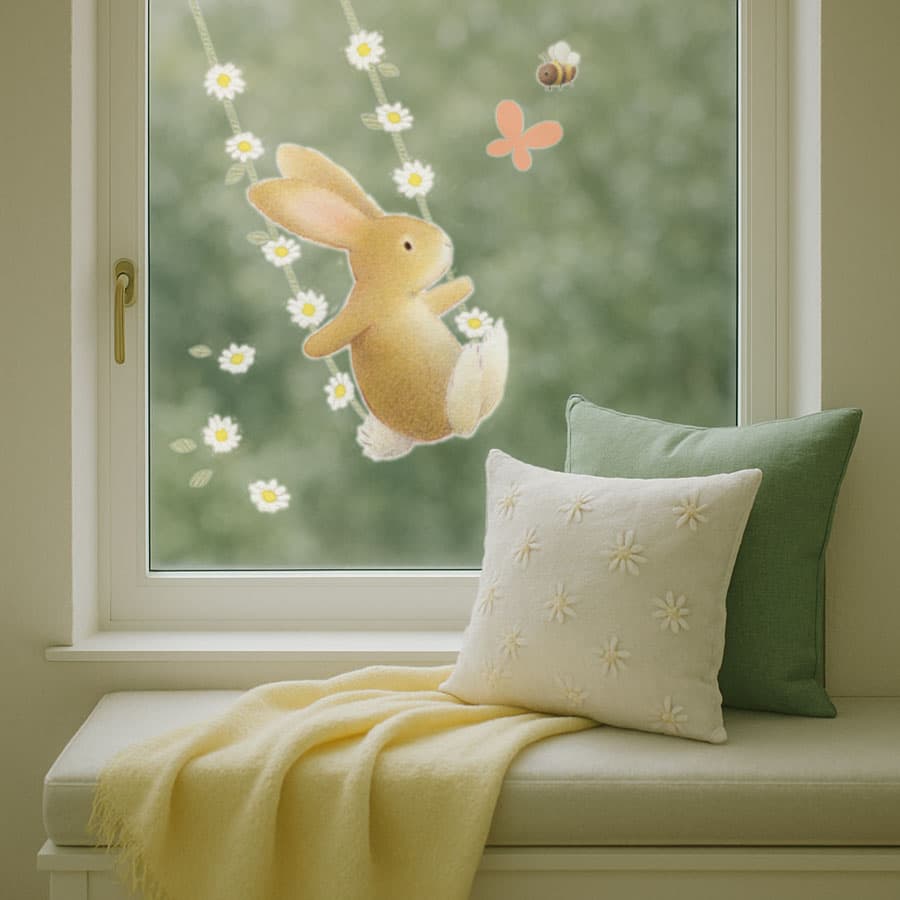 Bunny on swing window sticker displayed in a cosy window seat with daisy-themed cushion and soft yellow blanket.