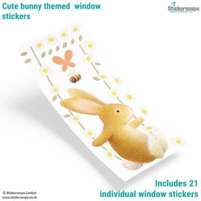 Window sticker sheet showing bunny on swing with 21 individual stickers including flowers, leaves, bee and butterfly.