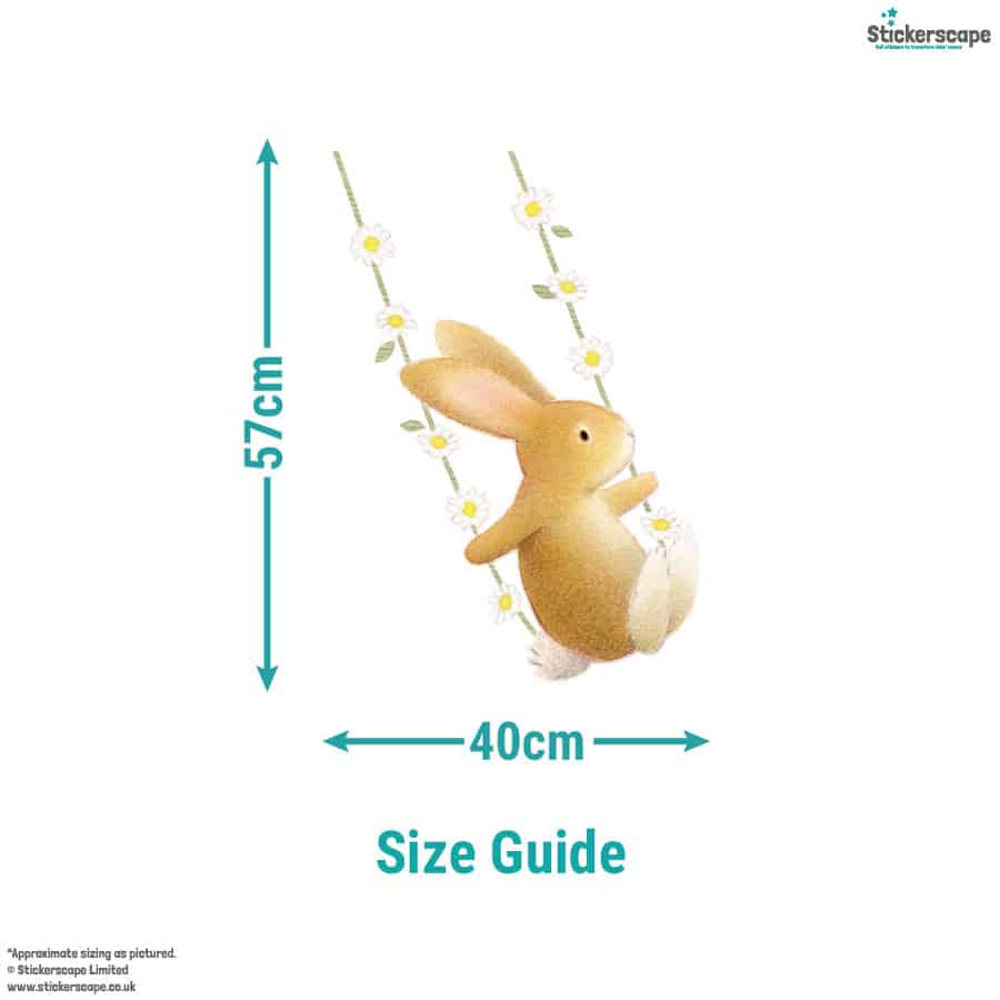 Size guide for bunny on swing window sticker showing rabbit and ropes measuring approx. 57cm high x 40cm wide.