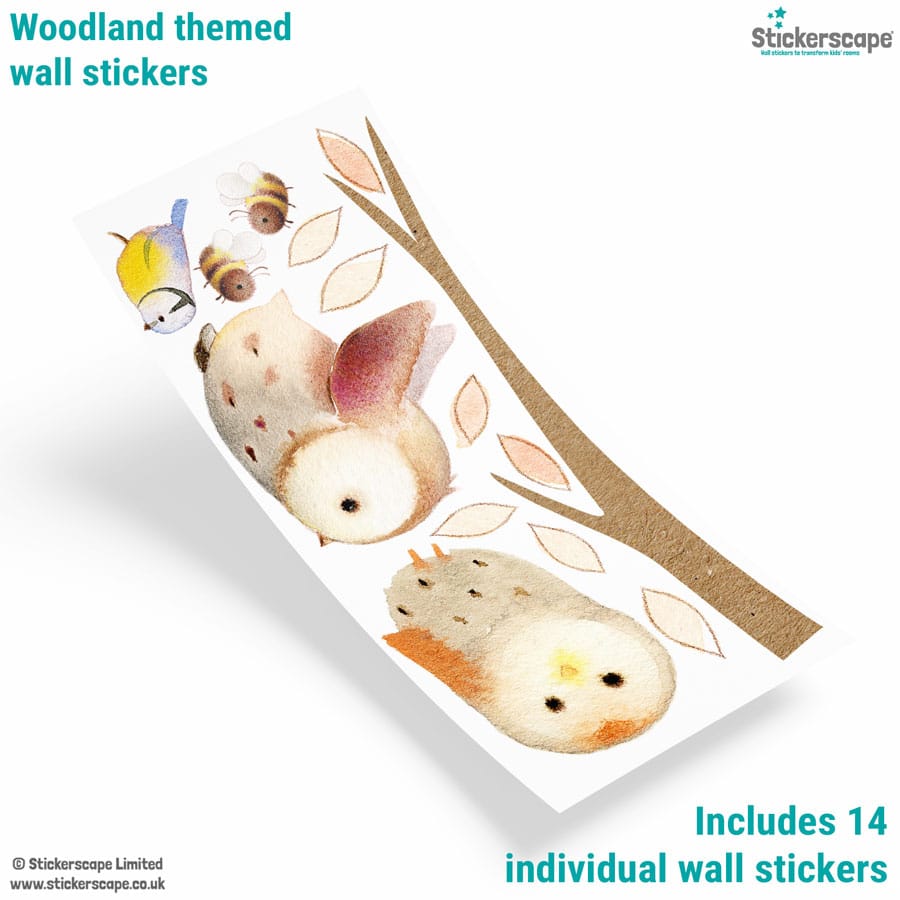 Sticker sheet mockup showing 14 woodland-themed peel-and-stick wall stickers including owls, bees, and a branch.