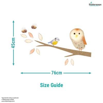 Size guide showing woodland branch wall sticker layout measuring 76cm x 45cm, with owl, bird and bees on the branch.