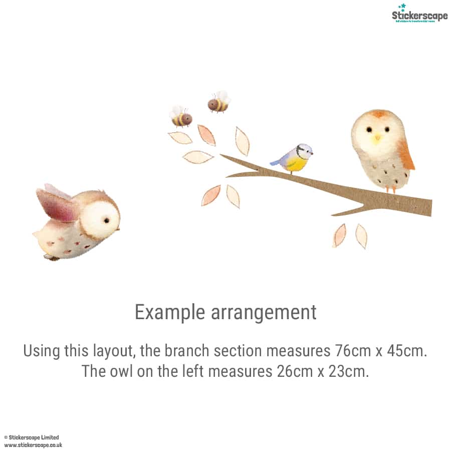 Woodland branch wall sticker set on white background, featuring owls, bees, a bird and leaves from the Ginger Betty collection.