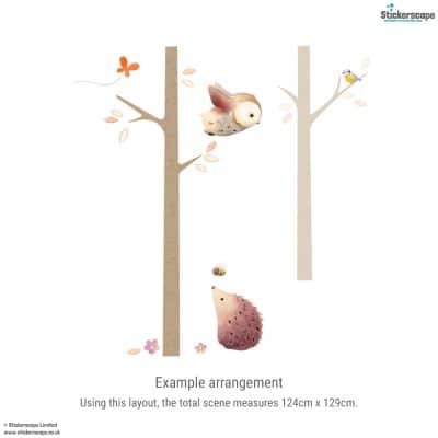 Example arrangement of woodland tree wall stickers showing owls, hedgehog, birds and bees, measuring approx. 124cm x 129cm.