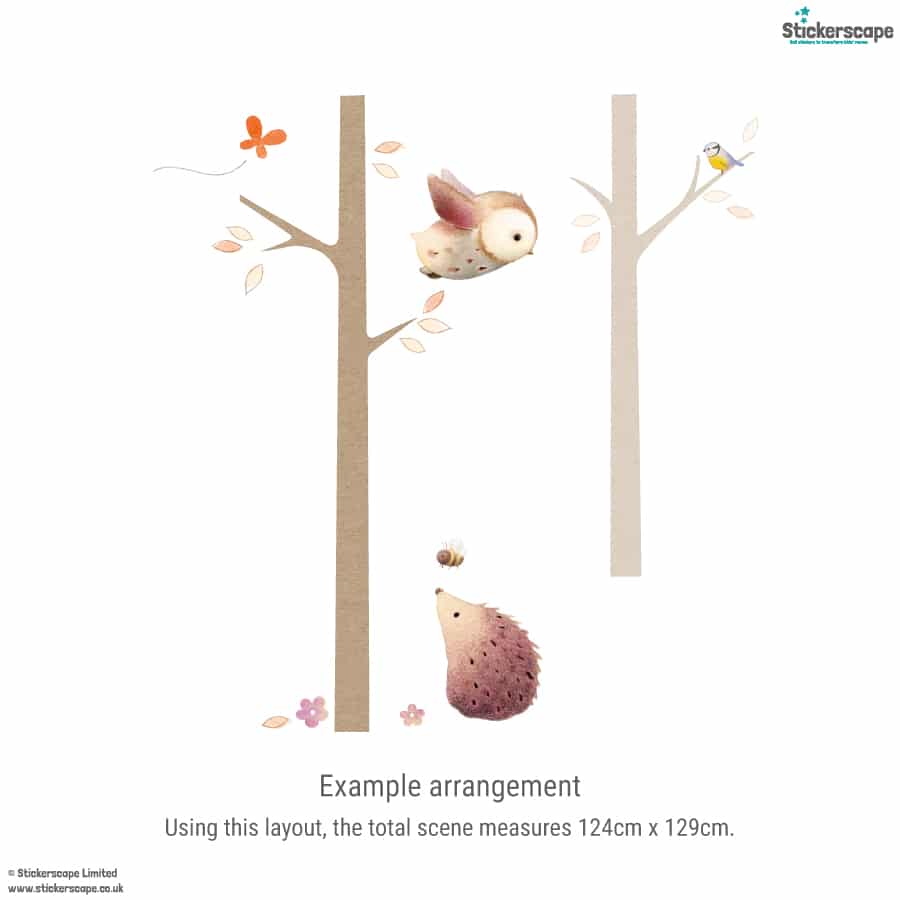 Example arrangement of woodland tree wall stickers showing owls, hedgehog, birds and bees, measuring approx. 124cm x 129cm.