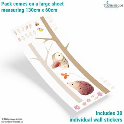 Sticker sheet mockup with woodland tree design including owl, hedgehog, butterfly, leaves and bees – 30 stickers in total.