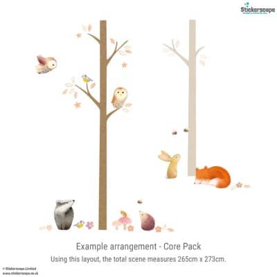 Core Pack woodland wall sticker set with two trees, owl, fox, rabbit and forest details, measuring approx. 265cm x 273cm.