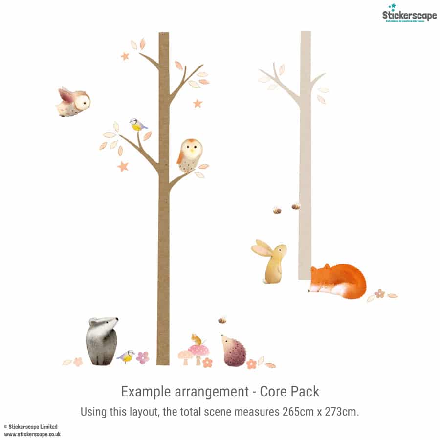 Core Pack woodland wall sticker set with two trees, owl, fox, rabbit and forest details, measuring approx. 265cm x 273cm.