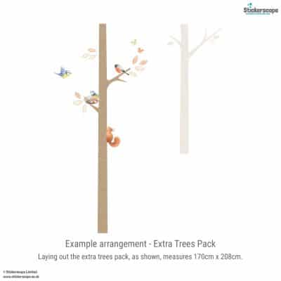 Extra Trees Pack layout with tall trees, birds and butterflies, designed to extend the woodland wall sticker scene.