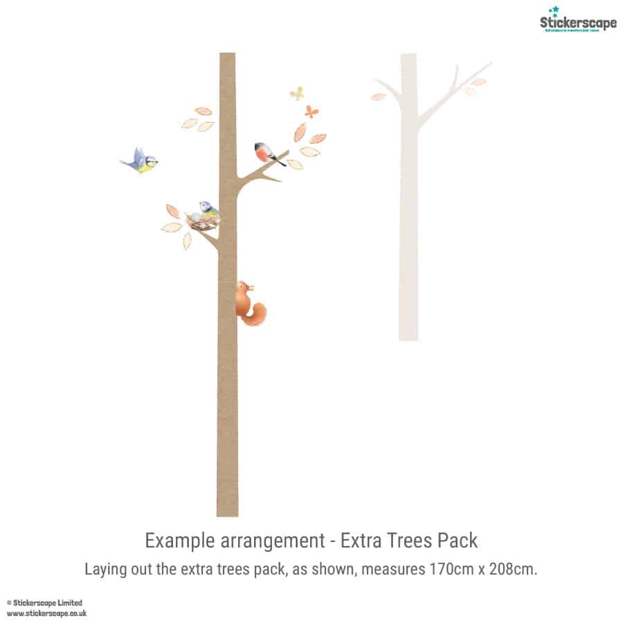 Extra Trees Pack layout with tall trees, birds and butterflies, designed to extend the woodland wall sticker scene.