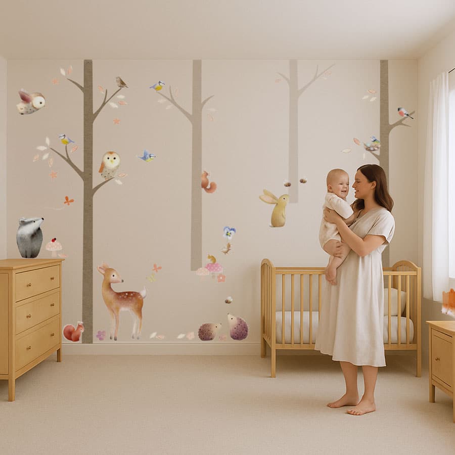 Large nursery scene featuring full woodland wall sticker set with Core Pack, Extra Trees and Extra Animals packs.