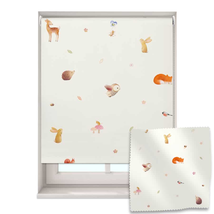 woodland animals roller blind on a white background with a swatch pattern