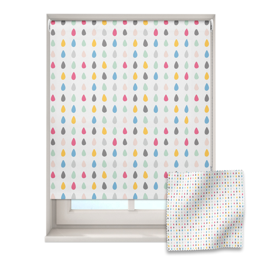 colourful raindrops roller blind on a window with a fabric swatch in front