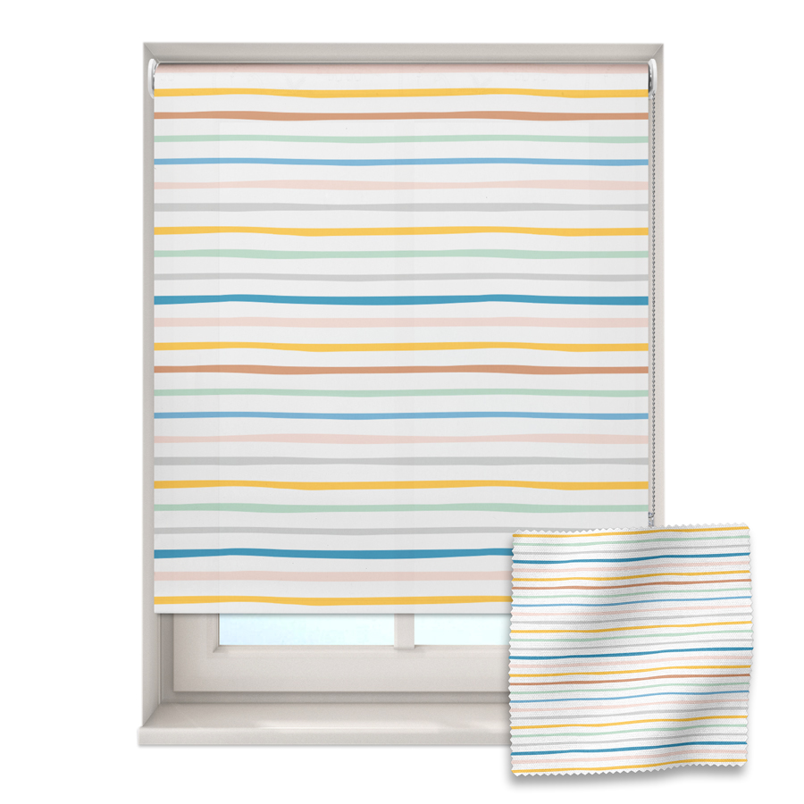 colourful stripes roller blind on a window with a fabric swatch in front