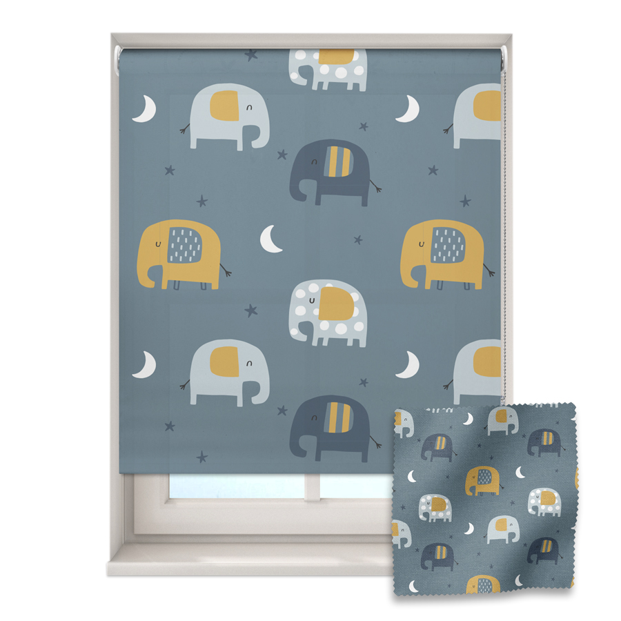 grey dreamy elephants roller blind on a window with a fabric swatch in front