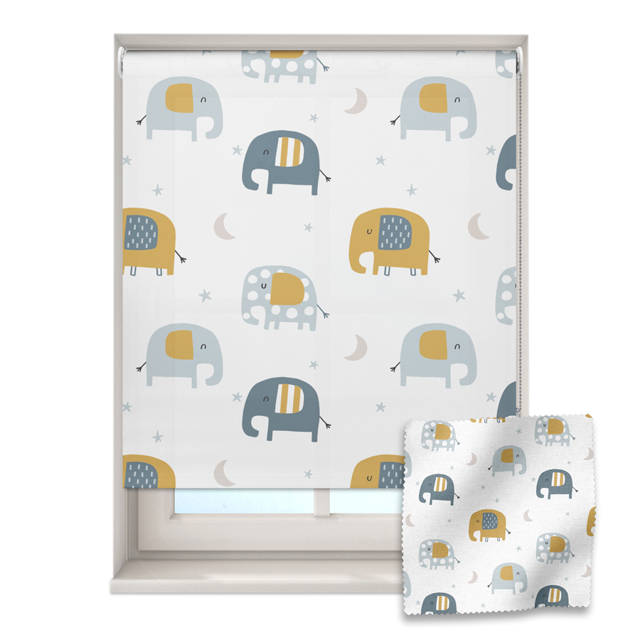 white dreamy elephants roller blind on a window with a fabric swatch in front