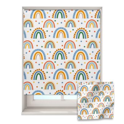 tropical rainbows roller blind on a window with a fabric swatch in front