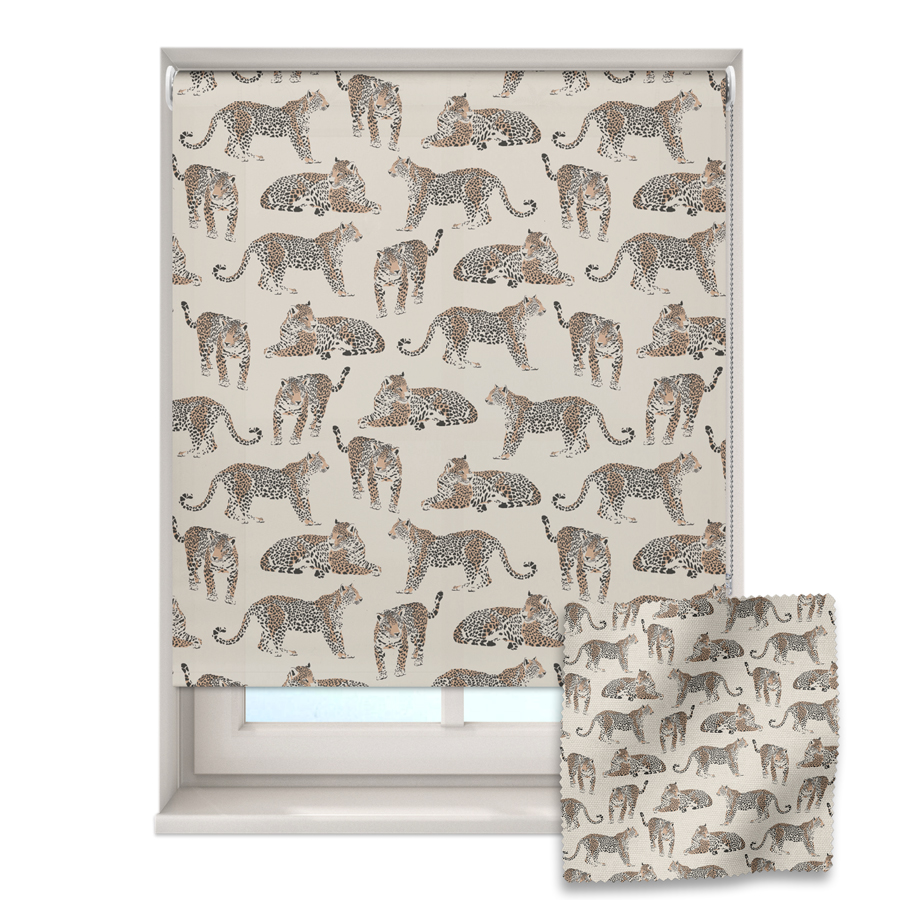 safari leopards roller blind on a window with a fabric swatch in front