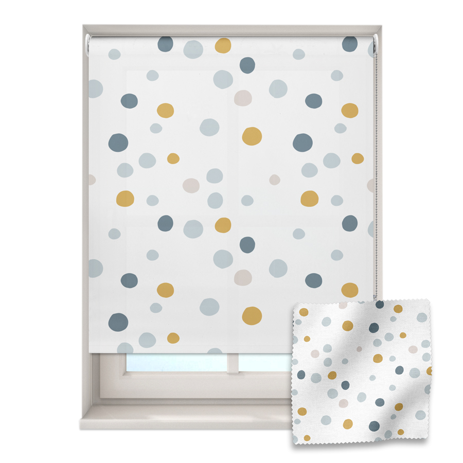 nautical dots roller blind on a window with a fabric swatch in front