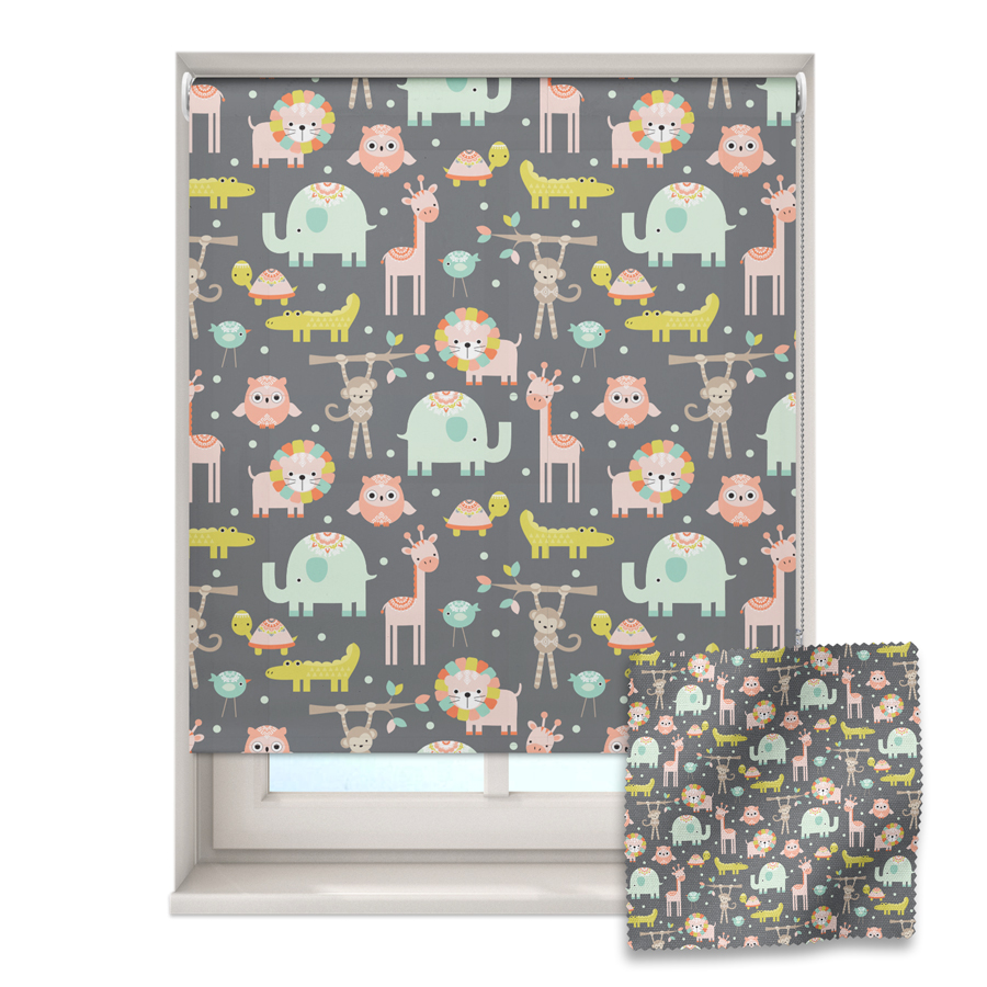 nursery safari roller blind on a window with a fabric swatch in front