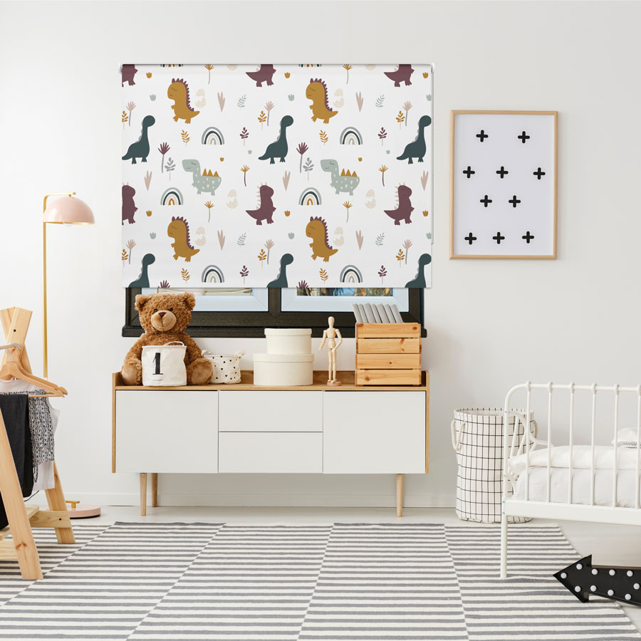 White Scandi Dino Design roller blind includes a dinosaur themed roller blind perfect for decorating a children's room