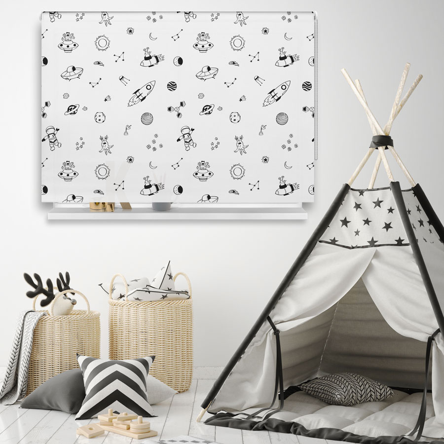 Monochrome Space roller blind includes a space themed roller blind perfect for decorating a children's room