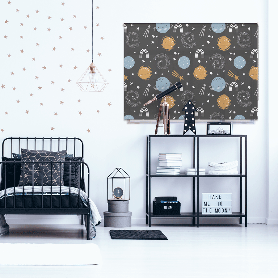 Blue and Gold Space roller blind includes a space themed roller blind perfect for decorating a children's room