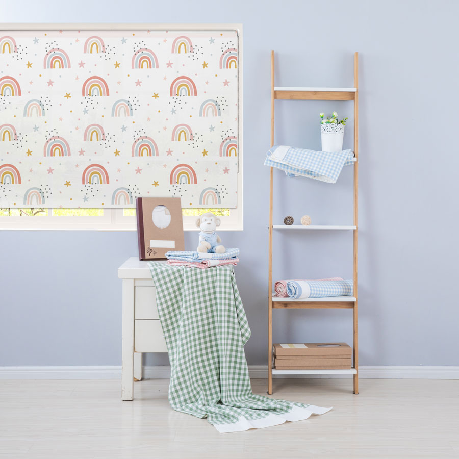 White rainbows & stars roller blind includes a rainbow themed roller blind perfect for decorating a children's room