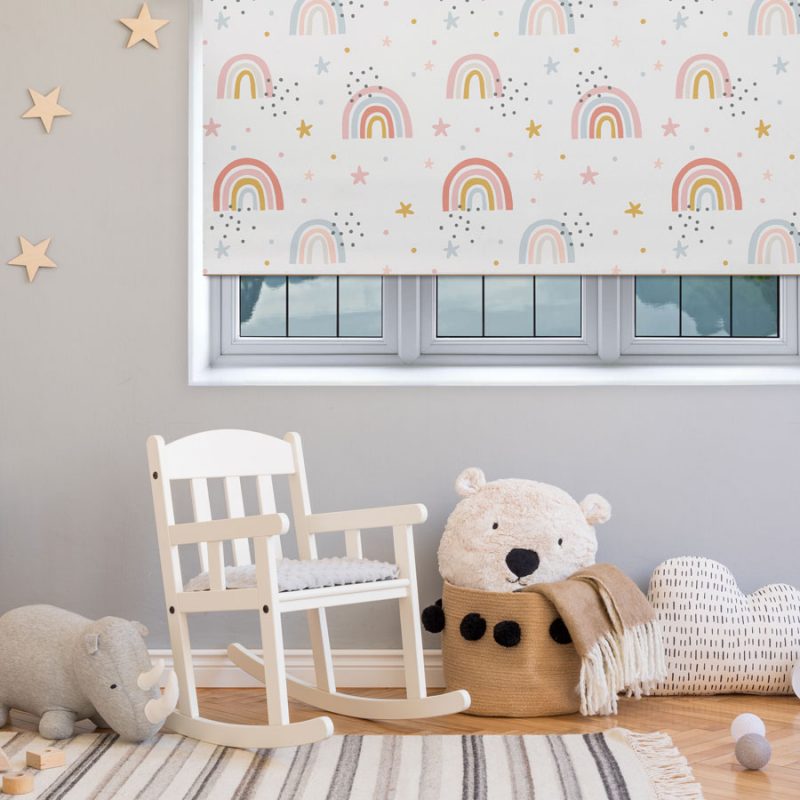 Grey rainbows & stars roller blind includes a rainbow themed roller blind perfect for decorating a children's room
