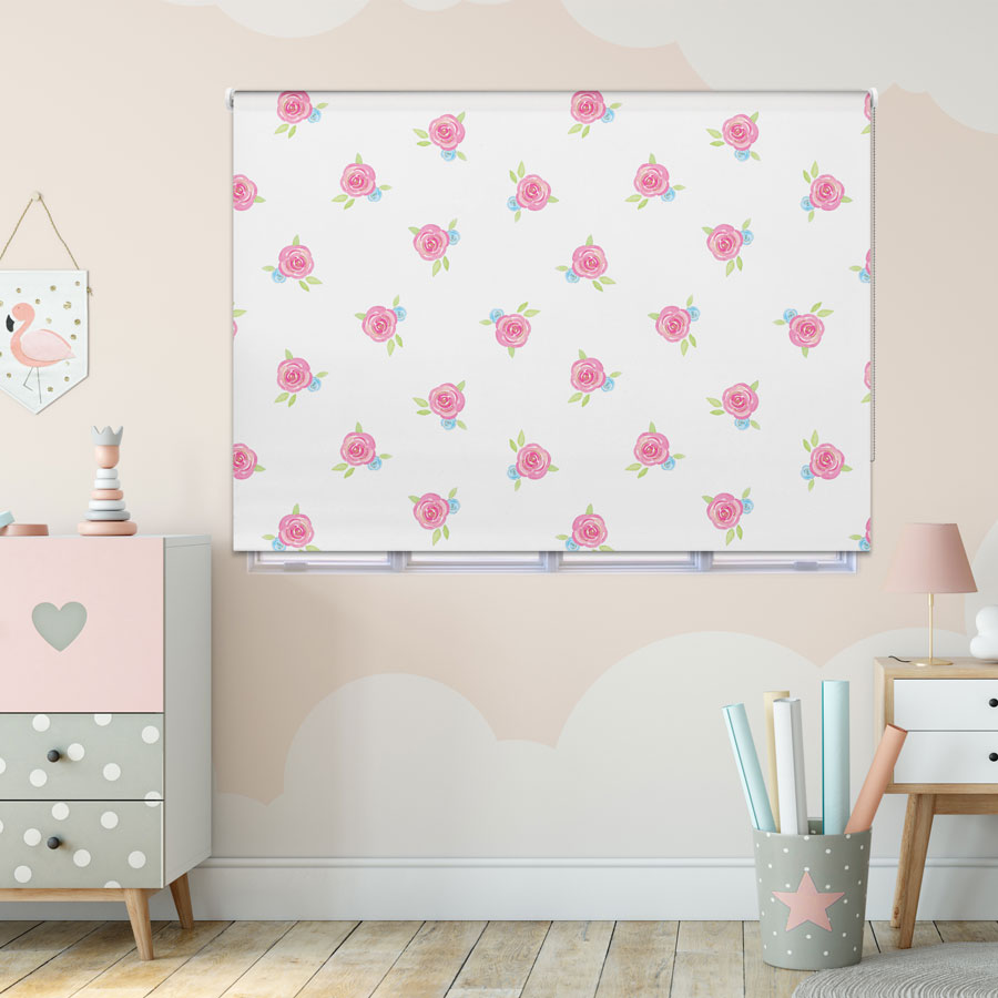 Roses on White roller blind includes a floral themed roller blind perfect for decorating a children's room