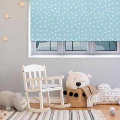 Blue and White Heart roller blind includes a heart themed roller blind perfect for decorating a children's room