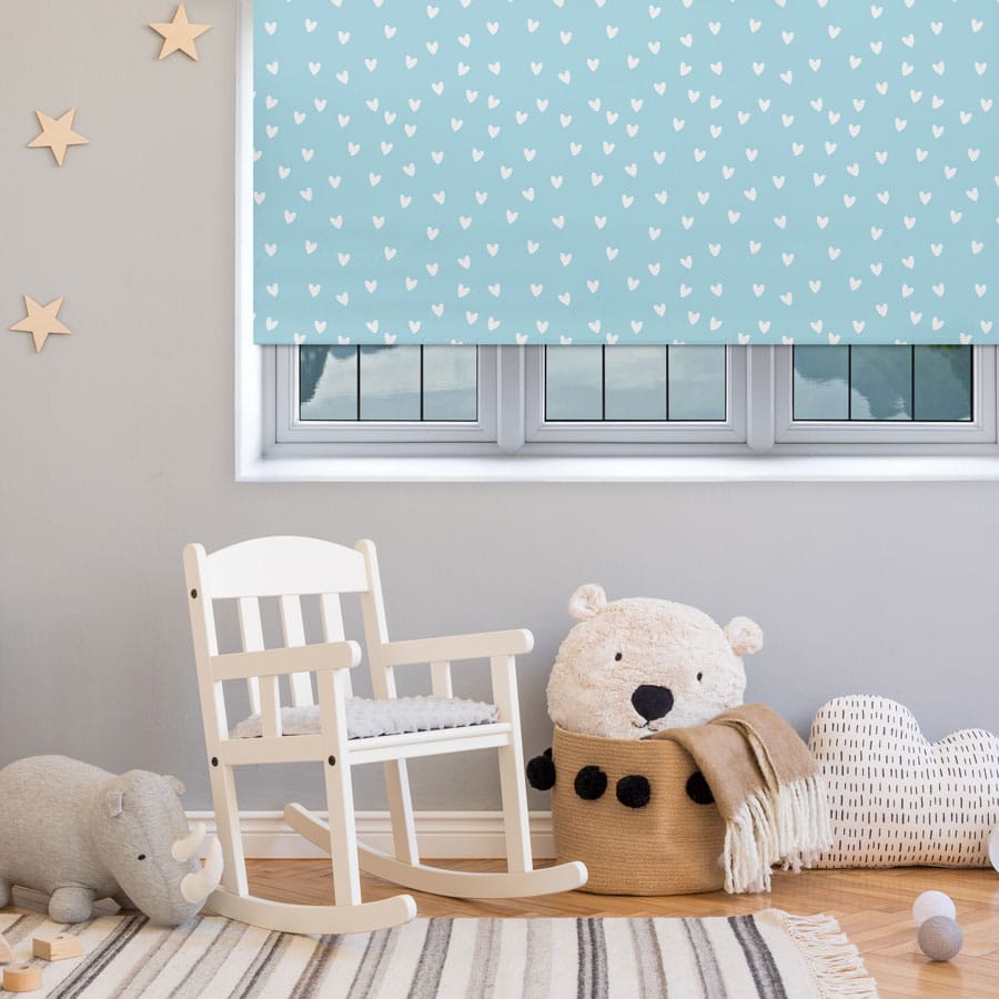 Blue and White Heart roller blind includes a heart themed roller blind perfect for decorating a children's room