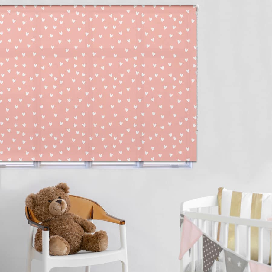 Pink and White Heart roller blind includes a heart themed roller blind perfect for decorating a children's room