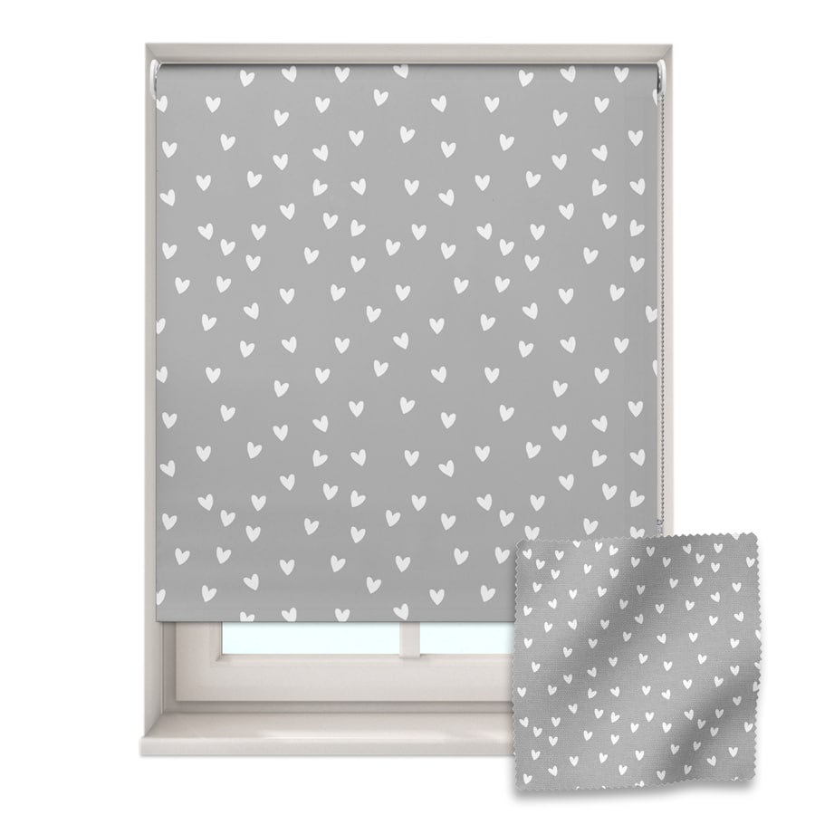 Grey and White Heart roller blind includes a heart themed roller blind perfect for decorating a children's room