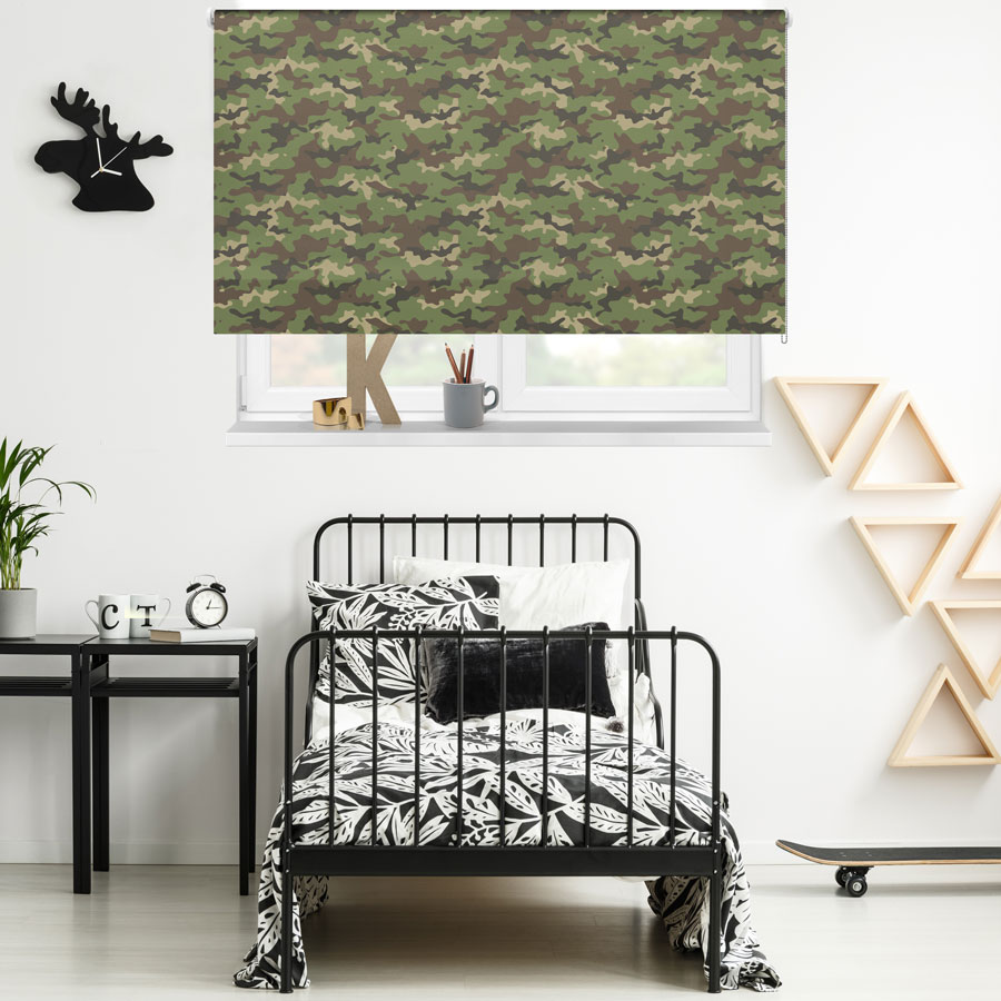 green camouflage roller blind in a boy's bedroom blackout
