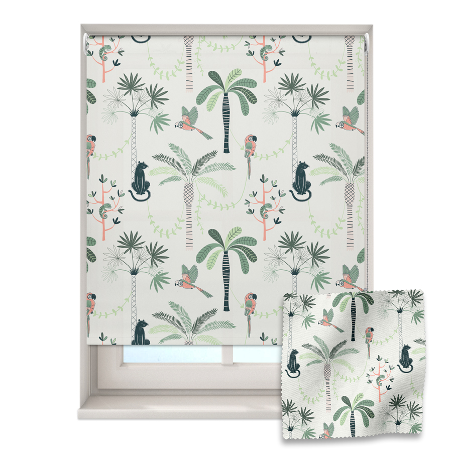parrots and panthers roller blind on a window with a fabric swatch in front