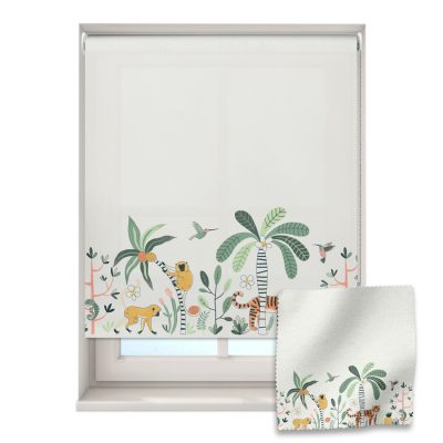 jungle floor roller blind on a window with a fabric swatch in front