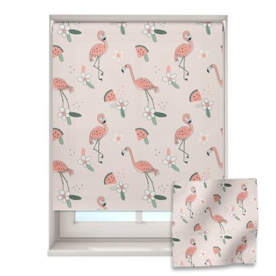 floral flamingos roller blind on a window with a fabric swatch in front