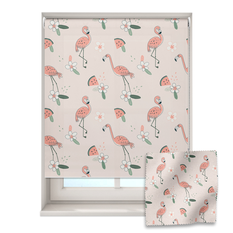 floral flamingos roller blind on a window with a fabric swatch in front