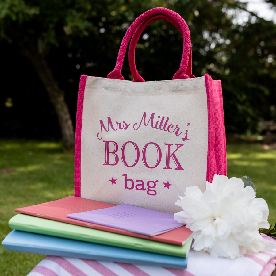 Personalised book bag canvas bag (Pink bag - pink text) perfect as a thank you gift for teachers