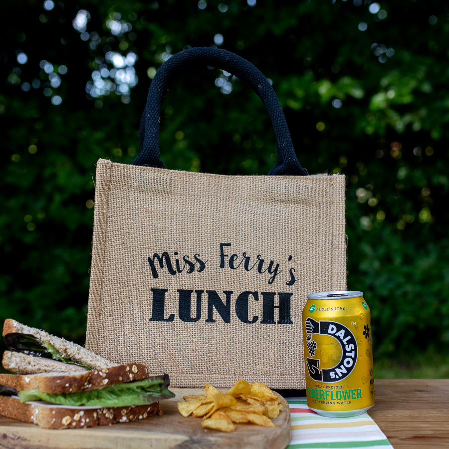 Personalised lunch bag (Black bag - Black text) perfect as a thank you gift for teachers