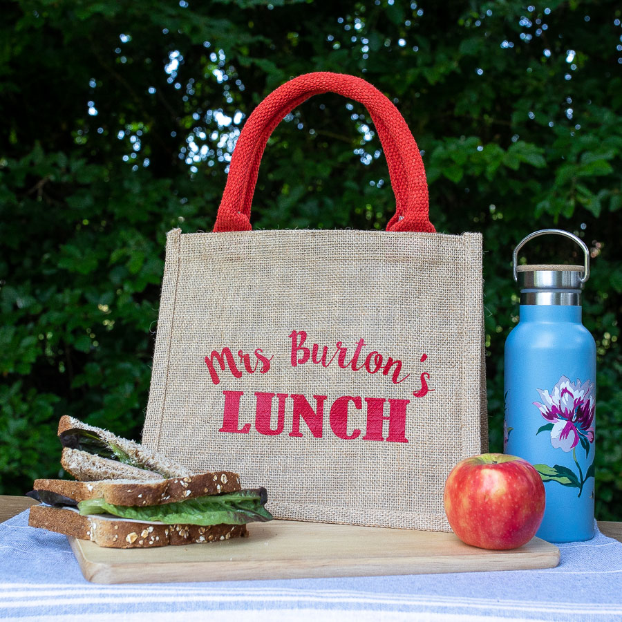 Personalised lunch bag (Red bag - red text) perfect as a thank you gift for teachers