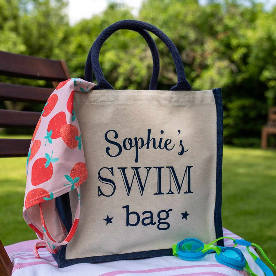 Personalised swim canvas bag (Navy bag) perfect gift for a swimming teacher