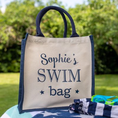 Personalised swim canvas bag (Navy bag) perfect gift for a swimming teacher