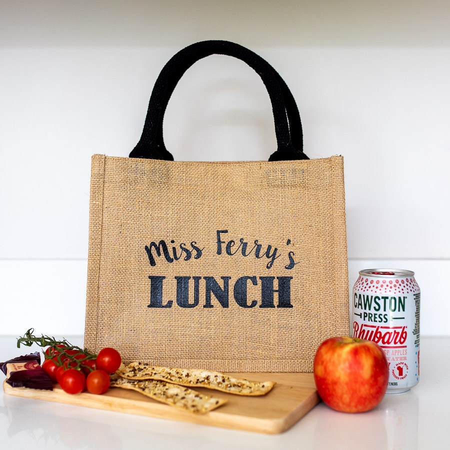 Personalised lunch bag (Black bag - Black text) perfect as a thank you gift for teachers