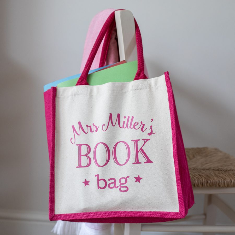 Personalised book bag canvas bag (Pink bag - pink text) perfect as a thank you gift for teachers