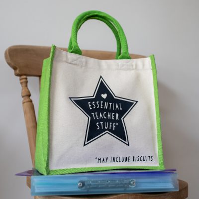 Essential teacher stuff canvas bag (Green bag - anthracite text) perfect as a thank you gift for teachers
