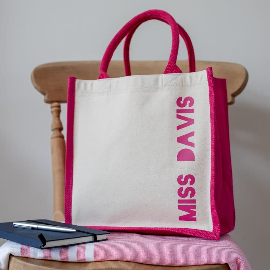 Personalised canvas bag (Pink bag - pink text) perfect as a thank you gift for teachers